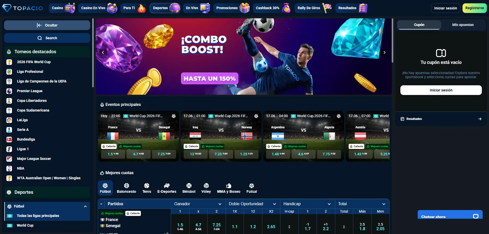 Apuestas deportivas en Topacio Casino mercados y cuotas en vivo
