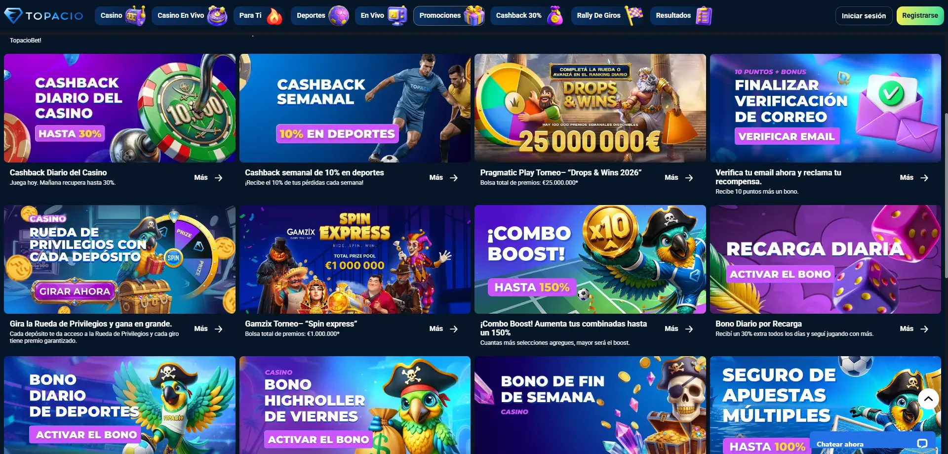 Topacio Casino bono de bienvenida 150000 ARS más 50 giros gratis