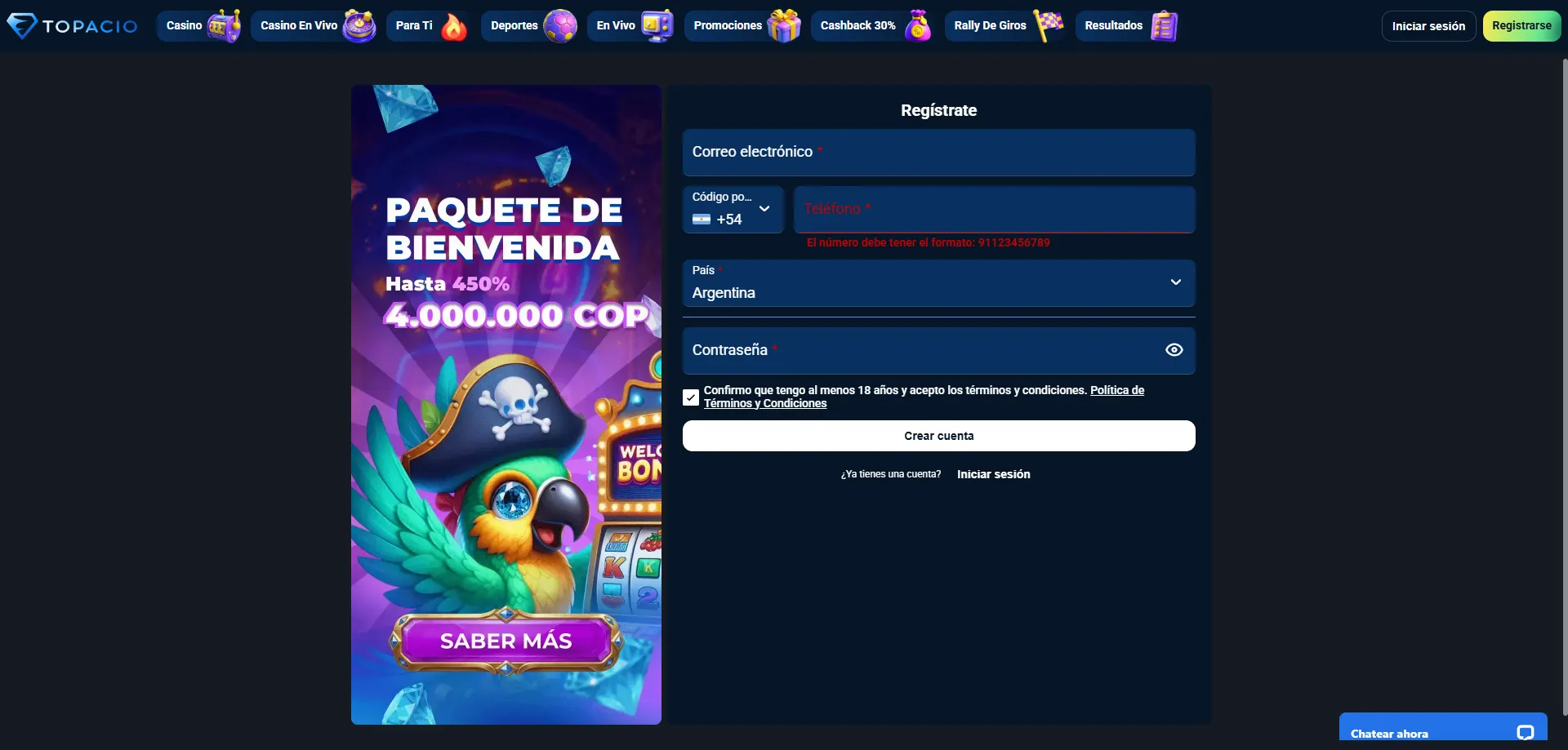 Registro en Topacio Casino Colombia crear cuenta paso a paso